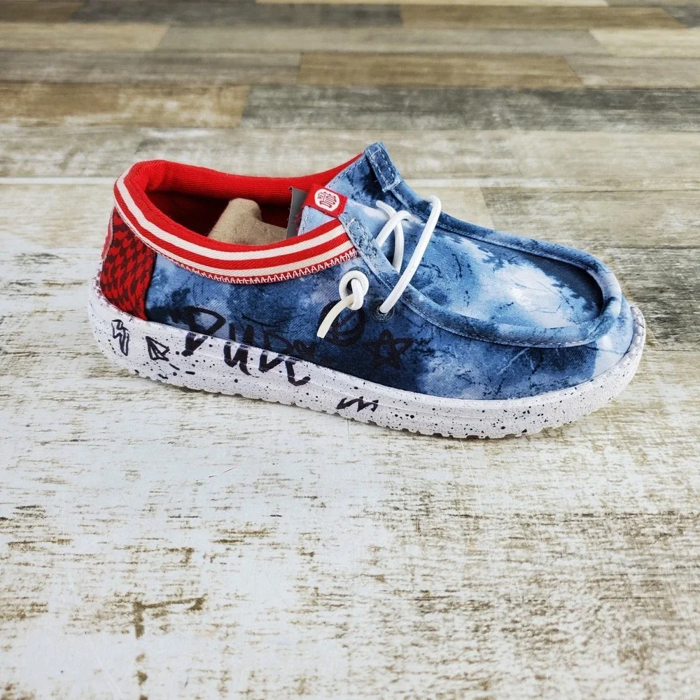 HEY DUDE Wally Varsity Jacket Kids Loafers Shoes Sz 13 C13 Navy Red Round Toe
